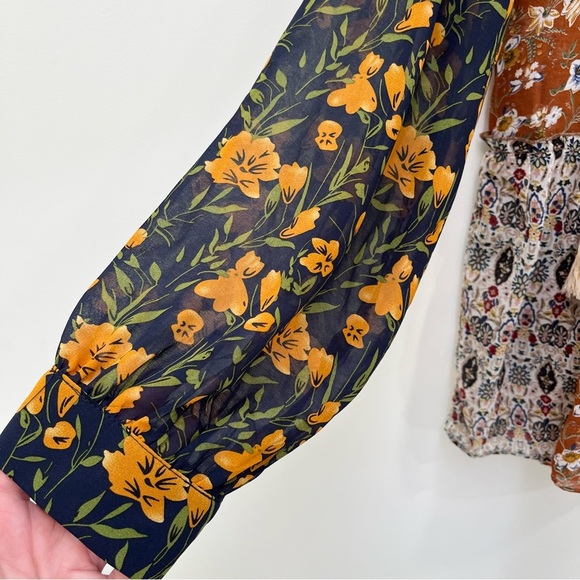 Oddy navy brown floral print block blouse top mixed media tassels boho medium - Picture 4 of 10